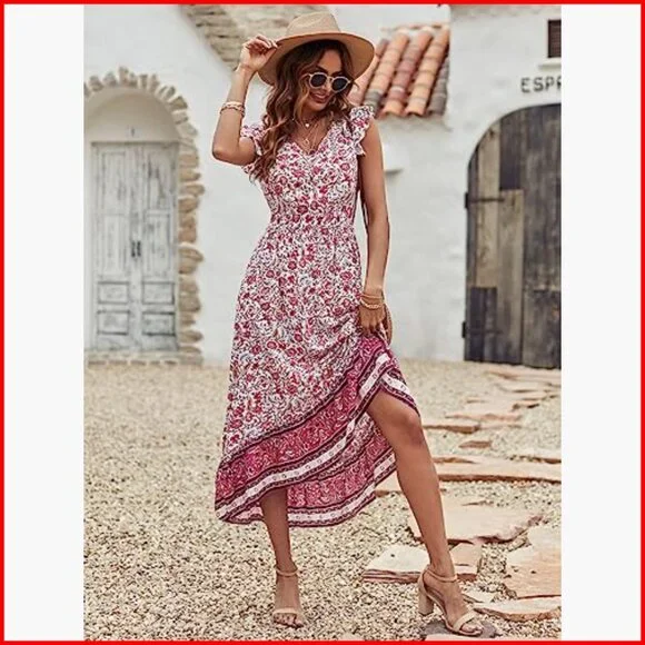 Summer Maxi Dress Floral V Neck Cap Sleeves Boho High Low Flowy Midi - Picture 6 of 7